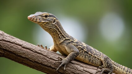 Obraz premium Close-up of monitor lizard perched on branch with detailed patterns and textures in natural habitat