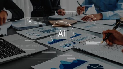 A dynamic business meeting focused on artificial intelligence data analysis, featuring charts and graphs laid out on a table, emphasizing modern technology and collaboration. Raster - Powered by Adobe