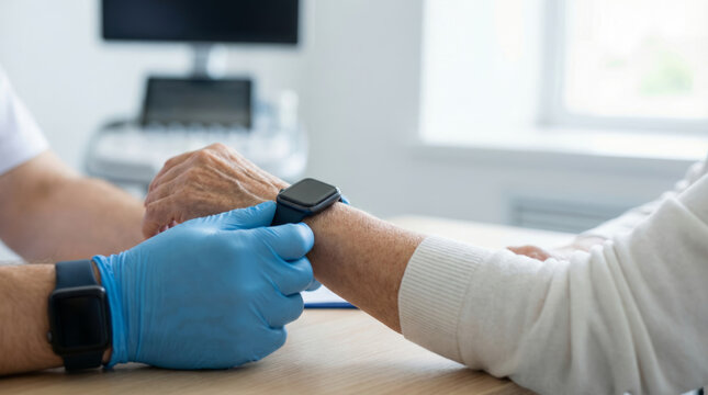 Premium medical advisory showing happy senior digital healthcare integration with doctor checking smartwatch data during checkup - Powered by Adobe