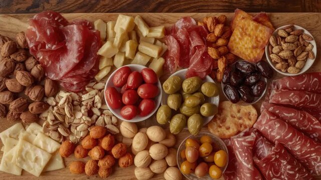 Gourmet charcuterie board with cured meat, cheese, nuts, olives, cherry tomato wooden table