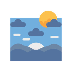 Flat vector sunset landscape with mountains clouds and sun