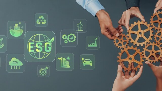 This image showcases hands coming together to represent ESG concepts, surrounded by various sustainable icons, emphasizing the importance of responsible business practices. Raster