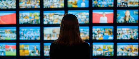Person observing a wall of television screens displaying various broadcasts, representing media influence on public opinion and societal manipulation for social studies web banners