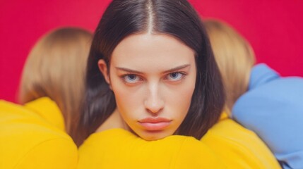 Sorrowful young woman looks away while coworkers huddle whispering, depicting social issues and erosion of trust in a team for web banner campaigns
