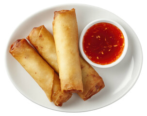 Spring rolls and a vibrant red sauce presented on a round white plate