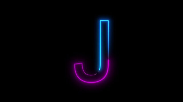 Glowing neon English capital letter J animation on a black background. Modern neon typography perfect for logo reveals, titles, intros, education, branding, motion graphics, and futuristic designs.