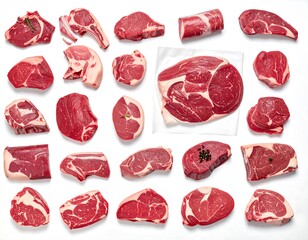 A flat lay showcases an assortment of raw, red meat cuts, including steaks, chops, and roasts, arranged on a stark white surface