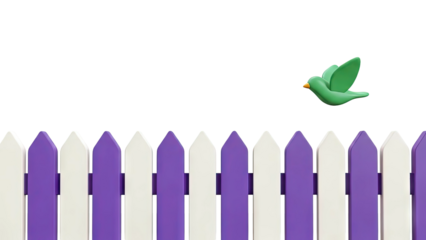 Green Bird Flying Over Purple and Beige Picket Fence