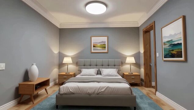 Cozy modern bedroom with neutral tones and bedside lamps.