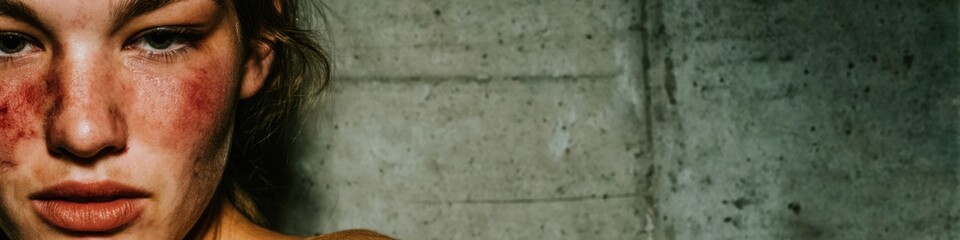 Obraz premium Close-up portrait of a distressed woman with facial bruises and a tired expression, standing against a concrete wall, useful for healthcare and support service advertising for physical trauma
