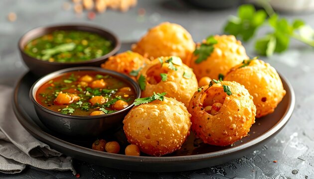 A close-up showcases a tempting array of golden, crispy panipuri alongside two vibrant bowls of flavorful sauces