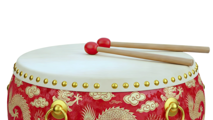 Chinese Drum with Dragon Motif and Drumsticks