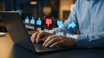 Social media engagement feedback Person typing on laptop keyboard with glowing social media reaction icons like dislike and share floating above for digital marketing and customer engagement concept