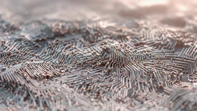 Circuit board landscape electronic copper trace pattern metallic texture soft light depth abstract