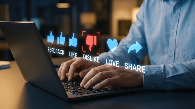 Social media engagement feedback Person typing on laptop keyboard with glowing social media reaction icons like dislike and share floating above for digital marketing and customer engagement concept - Powered by Adobe