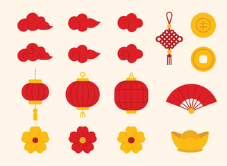 Chinese New Year Icon Set. Colorful Flat Lunar New Year Symbols Collection with Lanterns, Clouds, and Gold Coins on Cream Background.