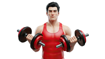 Muscular man lifting red and black dumbbells for biceps workout