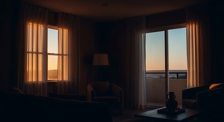Living Room with Sunset View Warm Light in Modern Home