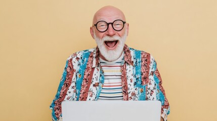 Cheerful senior man working remotely on laptop at home office with a bright smile, technology and insurance ad concept with copy space