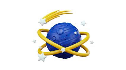 3D Blue Planet with Yellow Ring, Stars, and Shooting Star