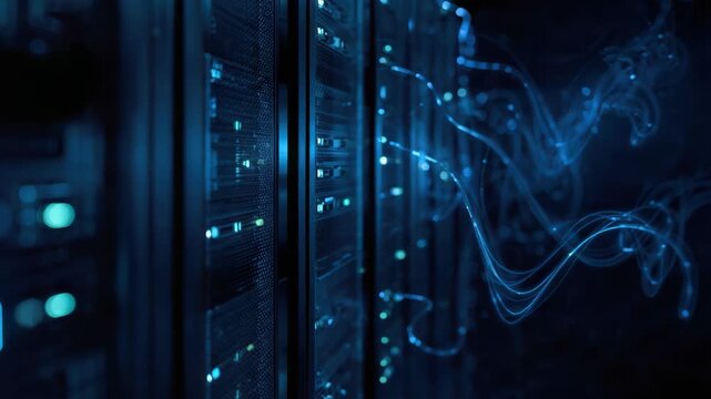 High tech server rack with glowing blue network connectivity and flowing data streams