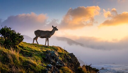 A deer stands proudly on a cliff overlooking a misty coastal scene at sunset. The sky is filled with clouds, lit by warm golden tones