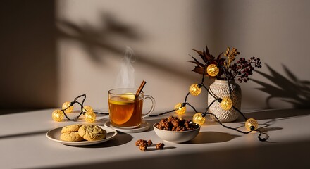 Warm Cozy Tea Scene with Cookies and Decorative Lights in Elegant Setting