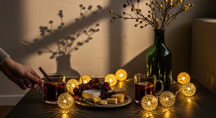Cozy Evening Table Setting with Warm Lighting and Cheese Platter with Wine