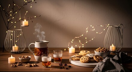 Cozy Warm Beverage and Cookie Arrangement in Ambient Lighting with Candles and Decorative Lanterns