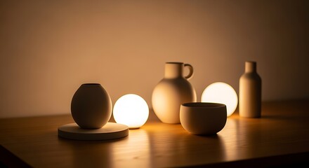 Minimalist Ceramic Vases and Spheres Warm Lighting Decor in Modern Interior