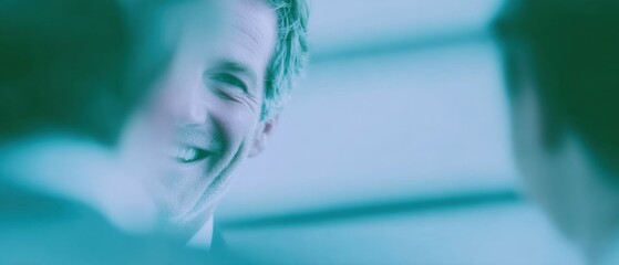 Confident financial agent smiling, advising a couple on investment and finance in a bright corporate office setting, copy space for marketing