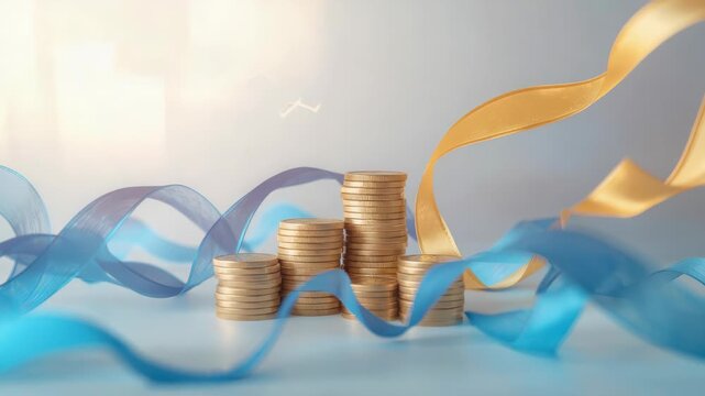 Coin stack gold ribbon blue finance symbolizing growth and prosperity with gold coin stacks