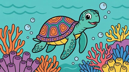 Cheerful Turtle Swimming in Colorful Coral Reef