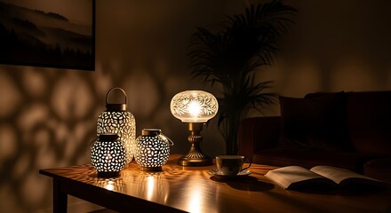 Cozy Living Room with Warm Decorative Lamps and Green Plant in Dim Lighting