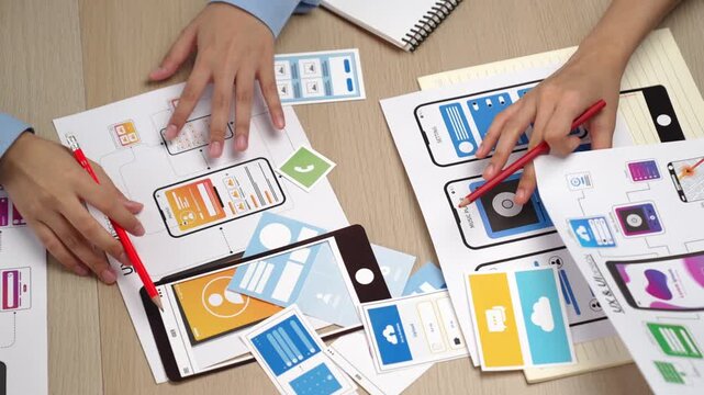 Top view panorama video of startup company employee planning on user interface prototype for mobile application or website in office. UX UI designer brainstorm user friendly interface plan. Synergic