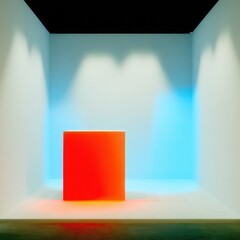 Fototapeta premium Blank exhibition stand booth with empty white desk and spotlights against white wall with blue and red light accents, modern trade show mockup for product promotion