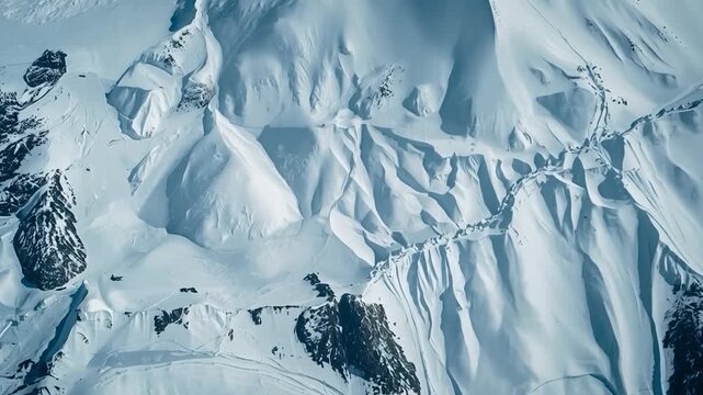 Aerial View of Snow Covered Mountains and Glaciers, Top Down Perspective of Frozen Arctic Landscape, Concept of Winter, Climate Change, and High Altitude Nature for Documentary and Science