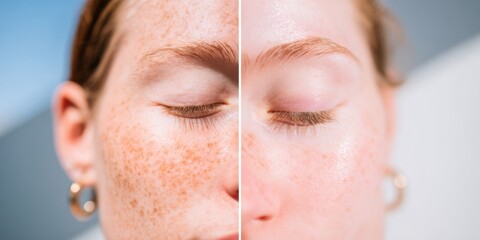 Womans facial skin with freckles, visibly before and after cosmetic treatment, showing problem areas and healed smooth skin in a macro view for beauty and dermatology advertising
