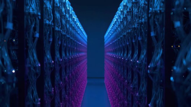 Data center server aisle and rack corridor with glowing blue purple LED lights, cable network