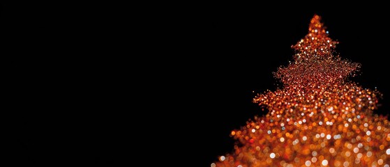 Golden Christmas tree with sparkling light effects and bokeh against a deep black background, creating a festive silhouette with warm amber tones for holiday design element