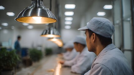 Employees in a brightly lit factory working diligently under rows of industrial lamps