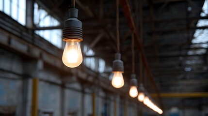 A line of vintage incandescent light bulbs illuminate a dimly lit industrial hall