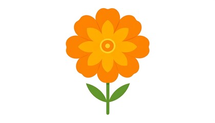 A flat, stylized depiction of an orange flower with layered petals and a central yellow core, on a simple green stem. White background