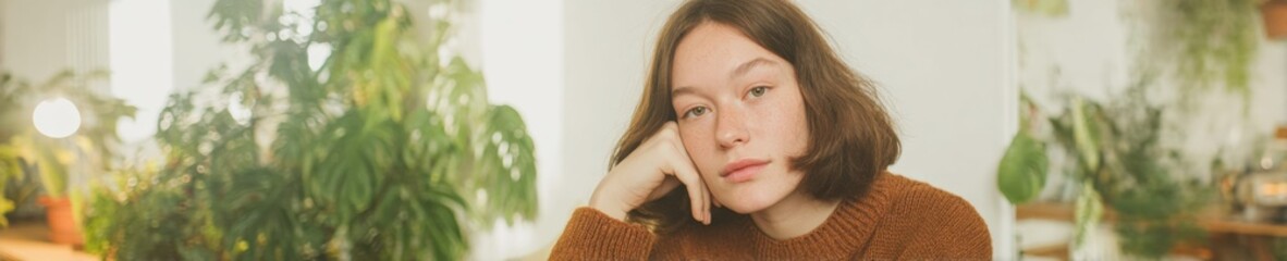 Fototapeta premium Serene young woman with a relaxed and confident expression, leaning on her hand in a cozy home environment, perfect for lifestyle and advertising