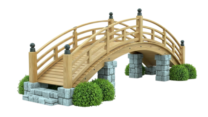 Wooden Arch Bridge with Stone Supports and Bushes