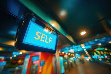 Obraz premium Interactive self-service kiosk with glowing touch display screen sign in modern airport terminal for airline check-in