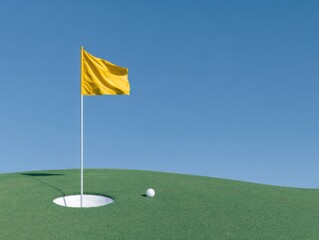 Obraz premium Golf course green with white golf ball next to hole and yellow flag, under a clear blue sky, concept for sports advertisement and competition banner with ample copy space