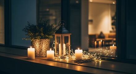 Cozy Candlelit Window Sill Decor with Lantern and Potted Plant in Warm Ambient Light