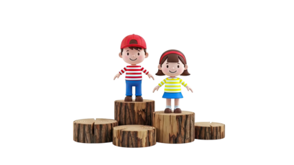 Cartoon children on wooden podiums
