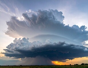 A dramatic, multi-layered cloud formation dominating the sky above a flat, grassy landscape during a vibrant sunset